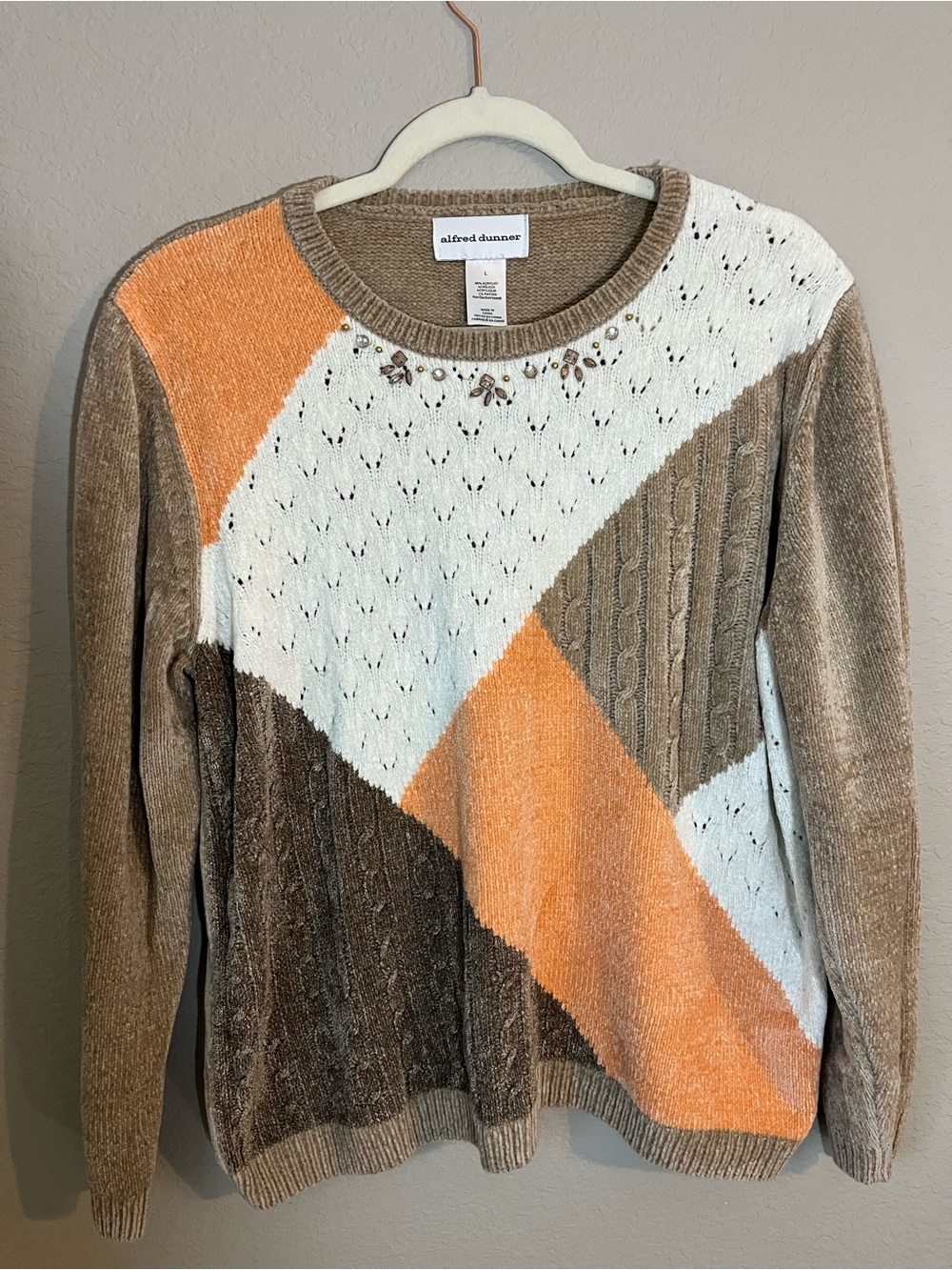 Alfred Dunner Embellished Colorblock Cable Knit Sweater Tan Peach Large